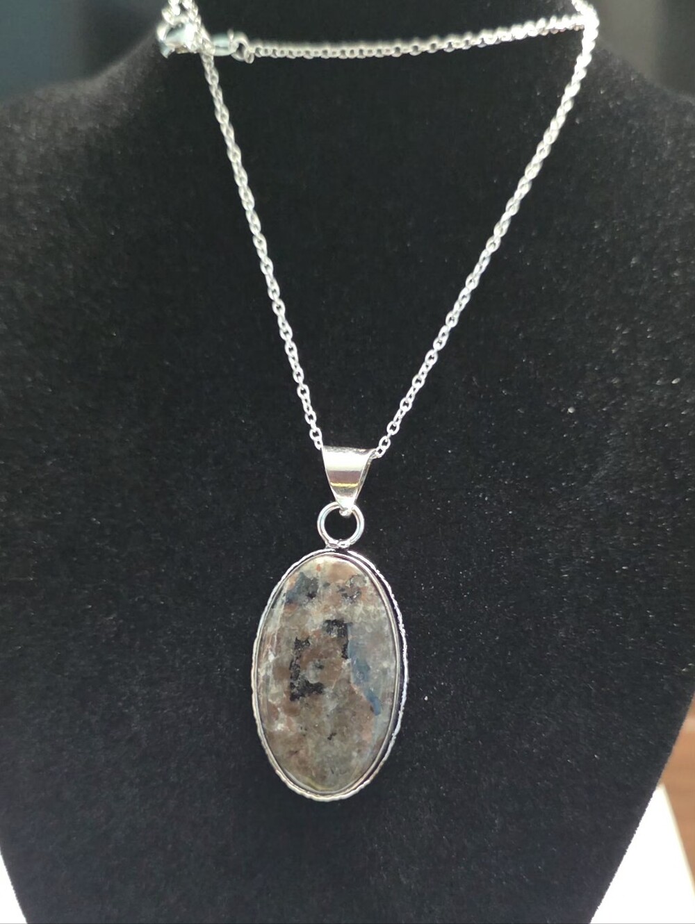 Silver Oval Natural Stone Pendant Necklace - Brown/Gray